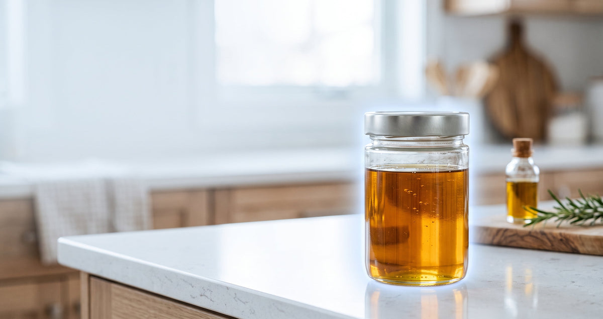 Infused MCT oil in a glass jar on a kitchen counter