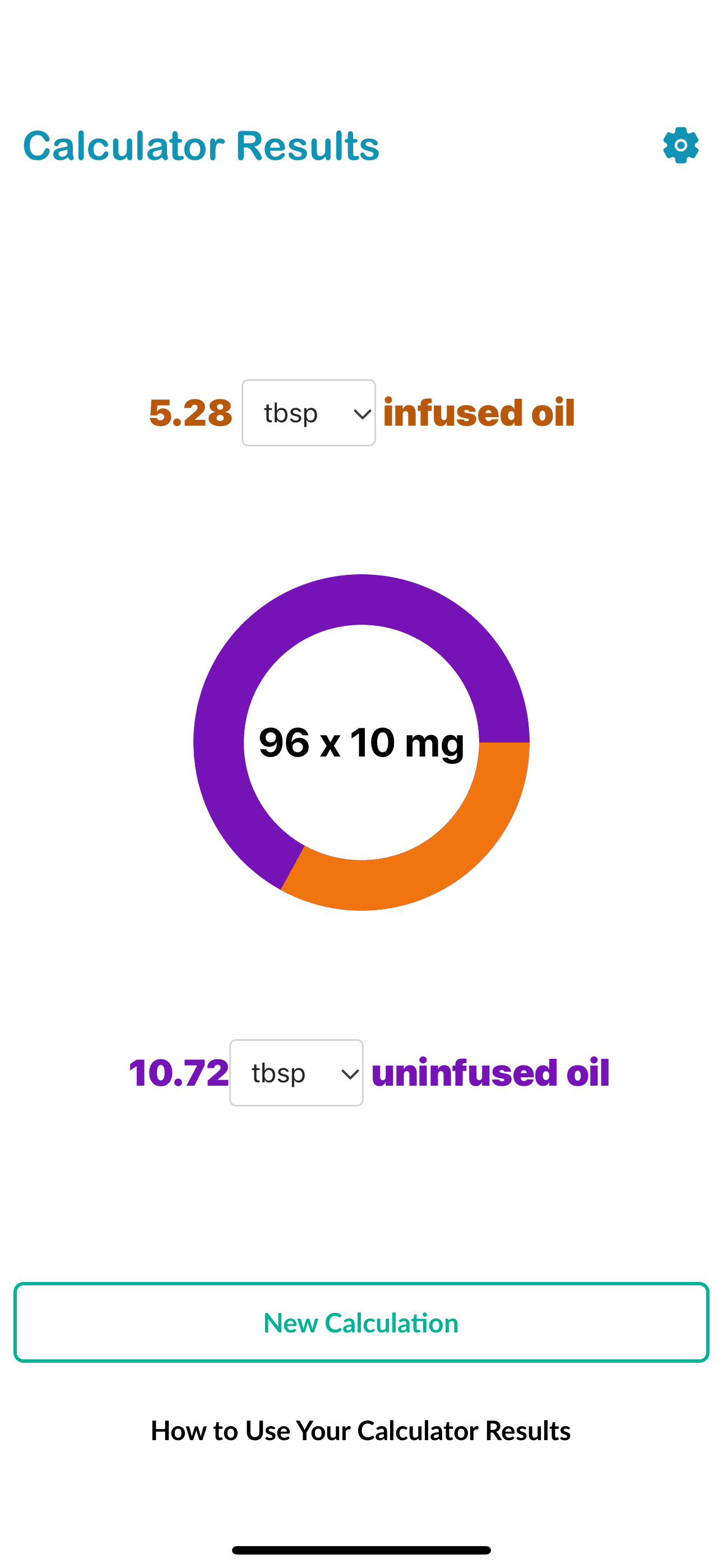Example calculator results showing amounts of infused and uninfused oil for a recipe