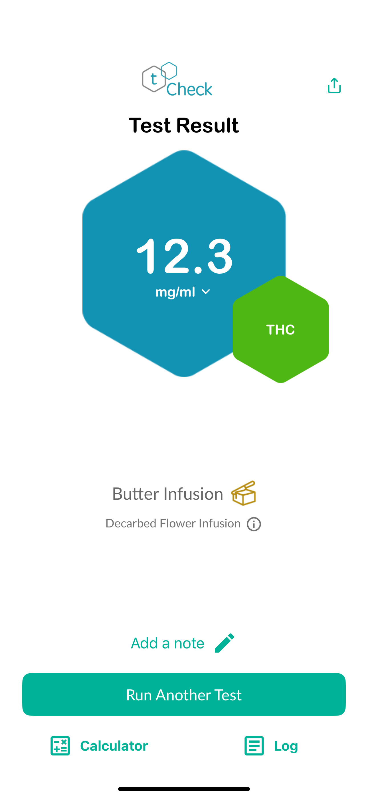 Example tCheck butter-infusion result showing 12.3 mg/mL THC