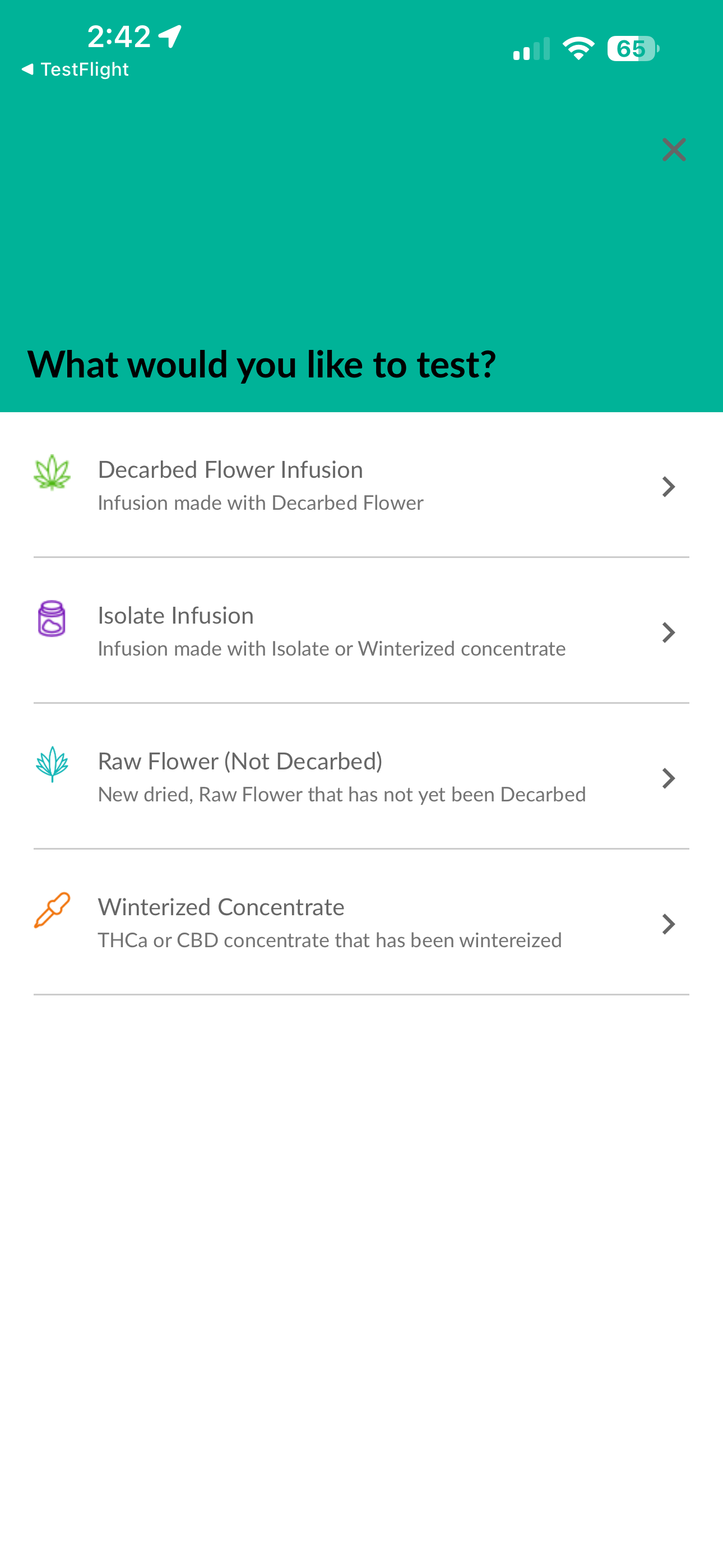 tCheck app test-selection screen with infusion, raw flower and winterized concentrate options